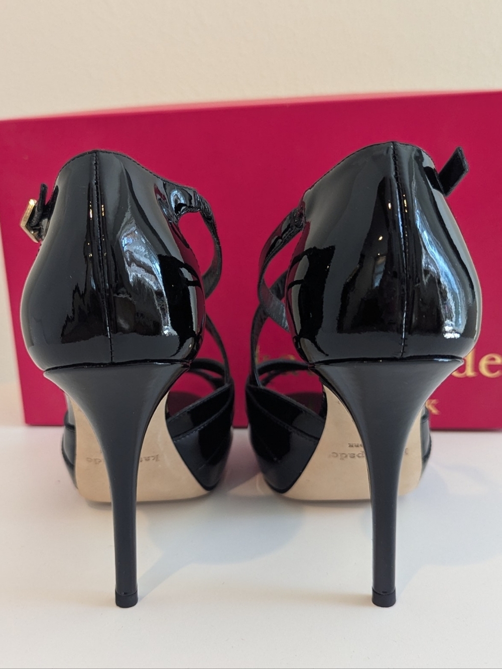 Authentic Kate Spade "Get" Black Patent Strappy Platform Stiletto Sandals 8m - Picture 4 of 10